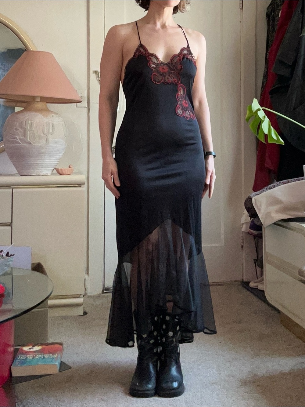 Vintage Black Slip Dress with Red Lace Appliqué
